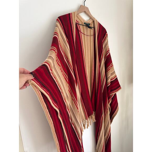 Lauren by Ralph Lauren VINTAGE Fringe Poncho Wrap in Red & Tan L/XL - Picture 7 of 7